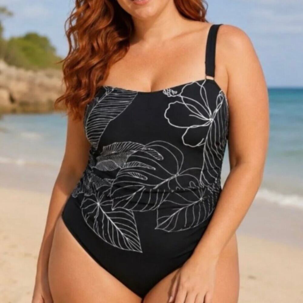 Susan Graver NWT Luminous Black Tropical Soleil Swimsuit Removable Straps 28W